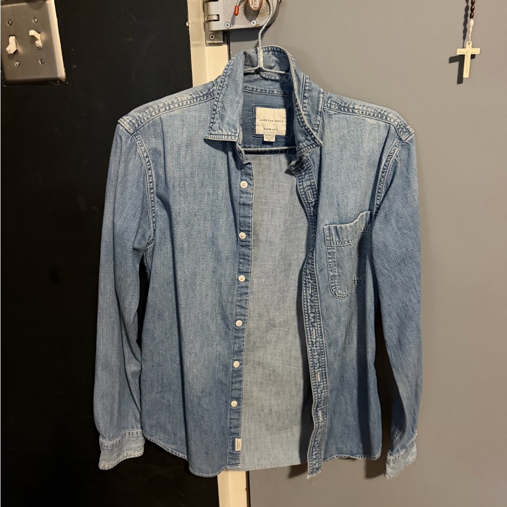 American Eagle Outfitters Light Blue Denim Button-Down Shirt